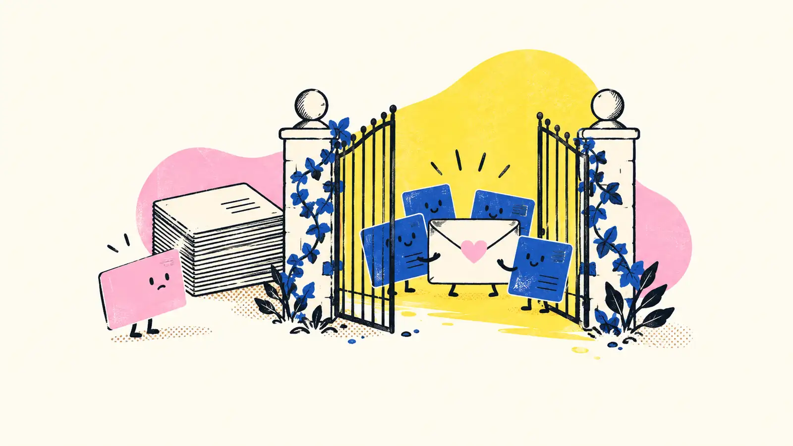 Contact cards pass a permission gate to form a smaller, welcomed audience around an envelope.