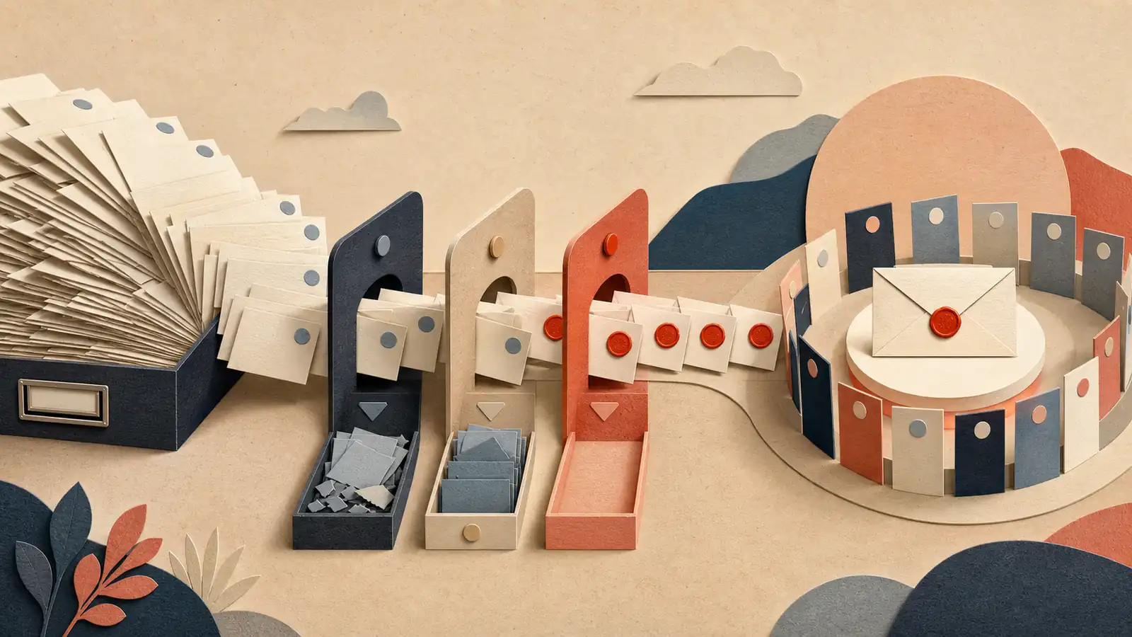 A large stack of address cards passes through consent and relevance gates, becoming a smaller coherent audience gathered around a welcomed envelope.