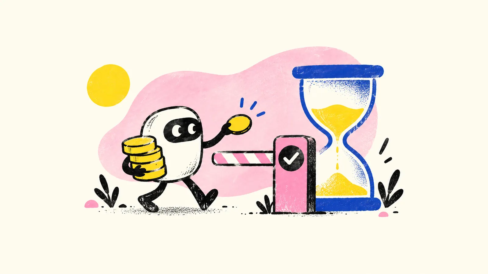 An illustrated helper spends from a finite token stack beside an hourglass and an approval barrier.