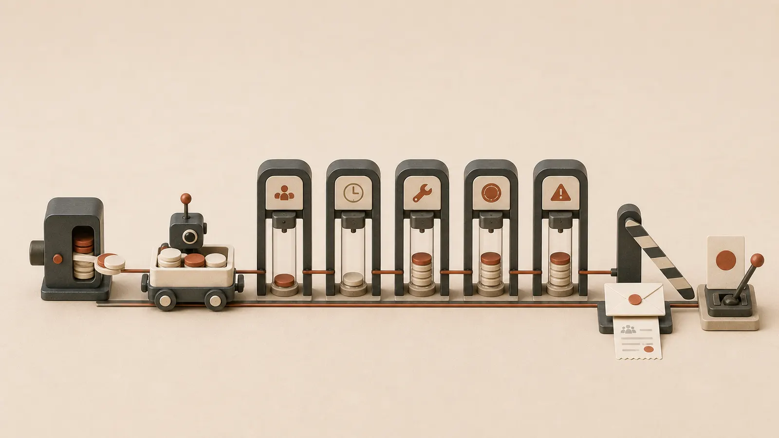 A small email-agent carriage spends a finite stack of tokens across recipient, time, tool, cost, and risk meters before stopping at an approval barrier.
