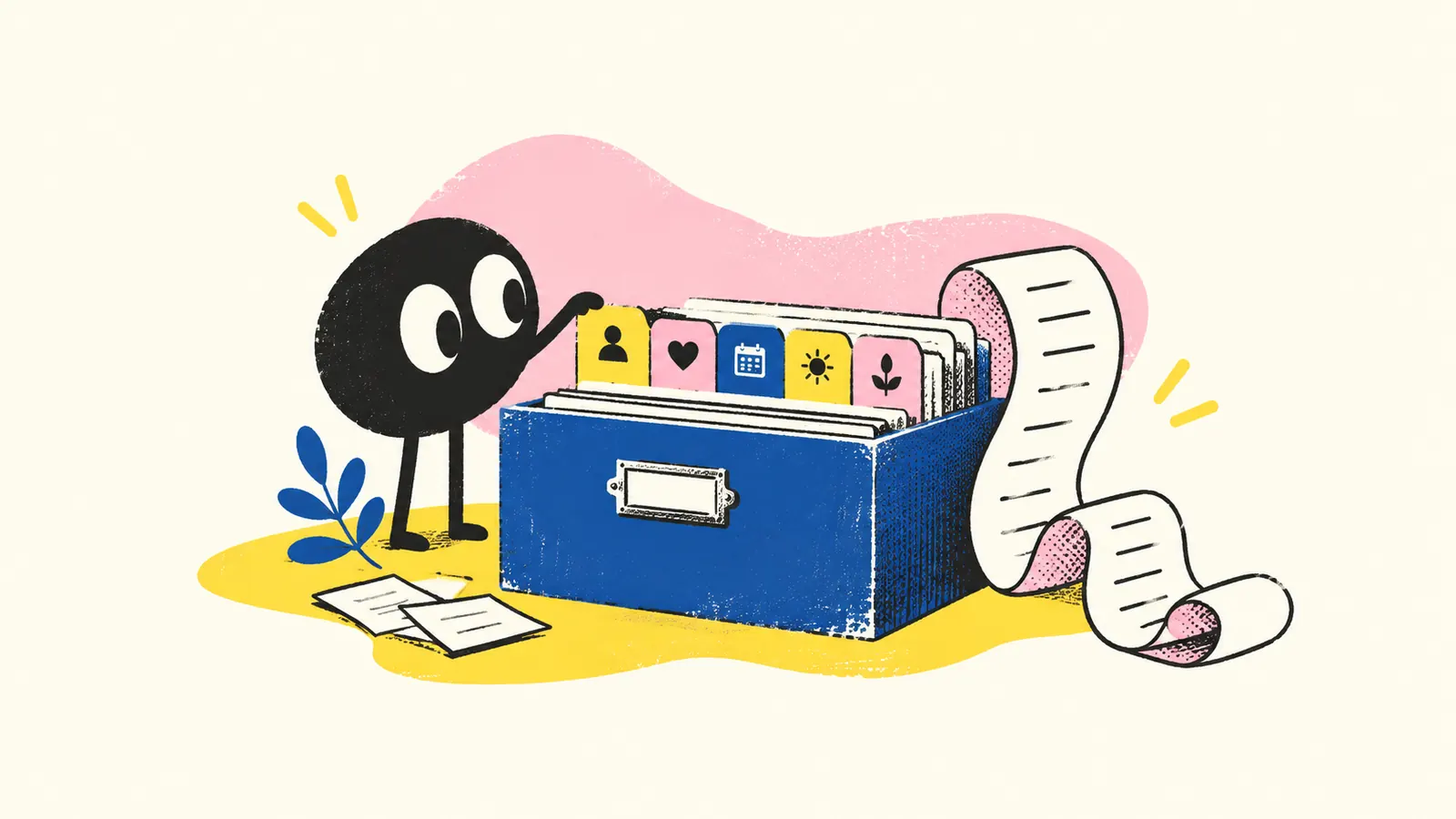 An illustrated helper consults an organized memory box beside a loose prompt ribbon.
