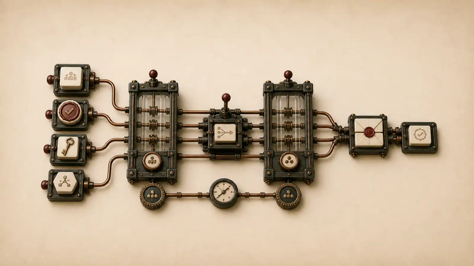 Four versioned source objects keep visible copper lineage through transformation frames, a decision carriage, a sealed campaign envelope, and an observed outcome receipt.