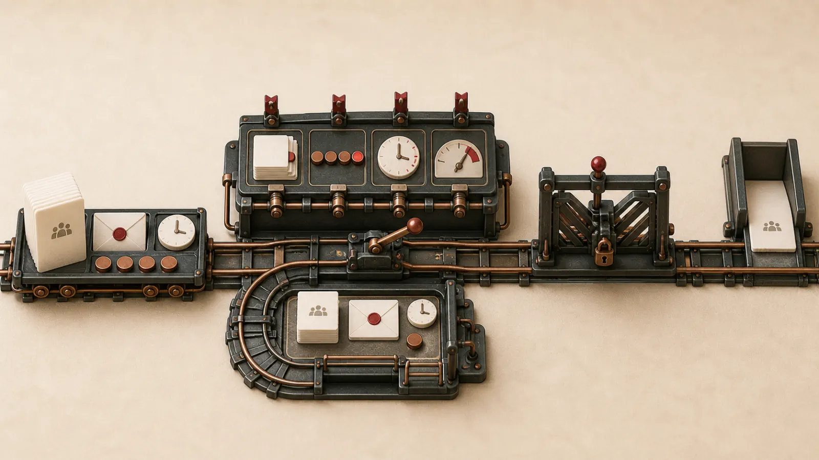 A miniature email carriage is diverted into a review bay before a locked send gate after audience, budget, time, and uncertainty conditions trigger a stopping station.