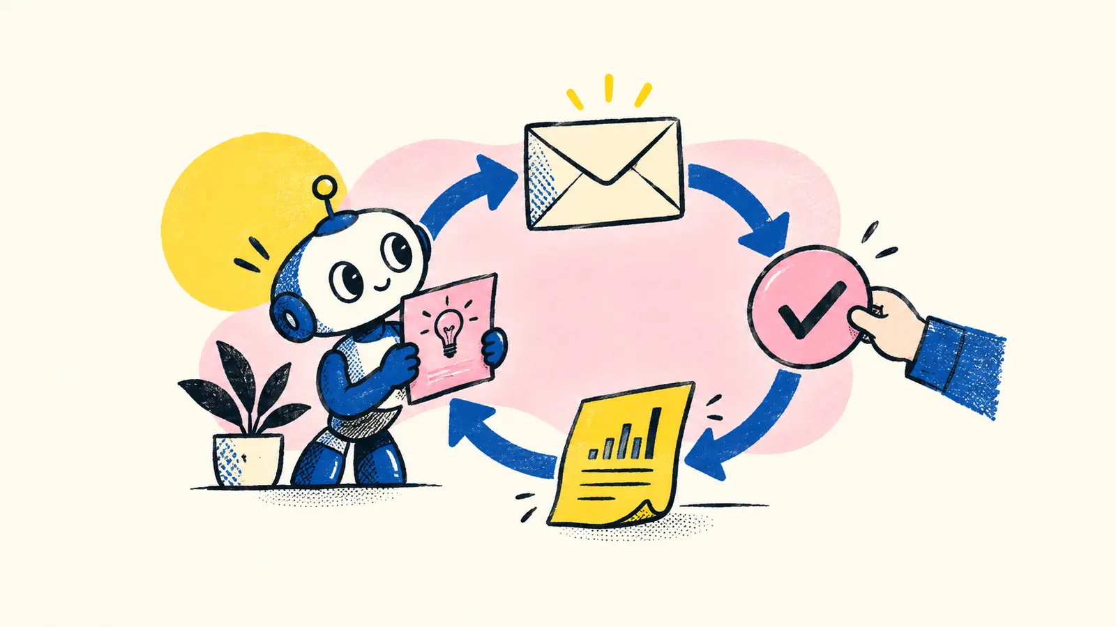 An illustrated helper sits beside a planning, draft, human-approval, and evidence loop.