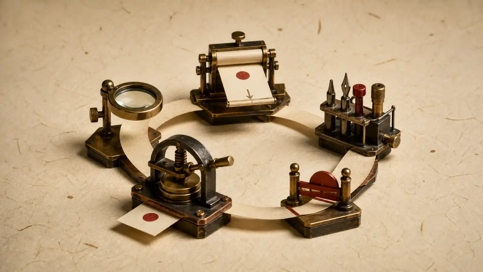 A brass email operating loop moves an intent through planning, bounded tools, approval, action, observation, and review.