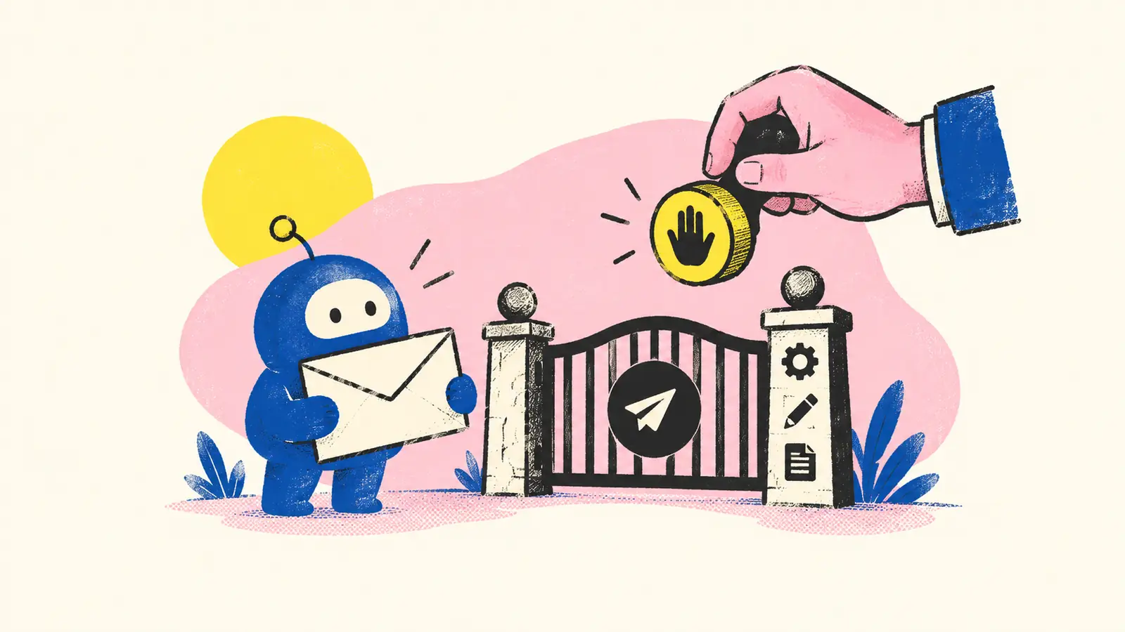 A small illustrated helper prepares an envelope inside a tool boundary and waits at a human approval gate.