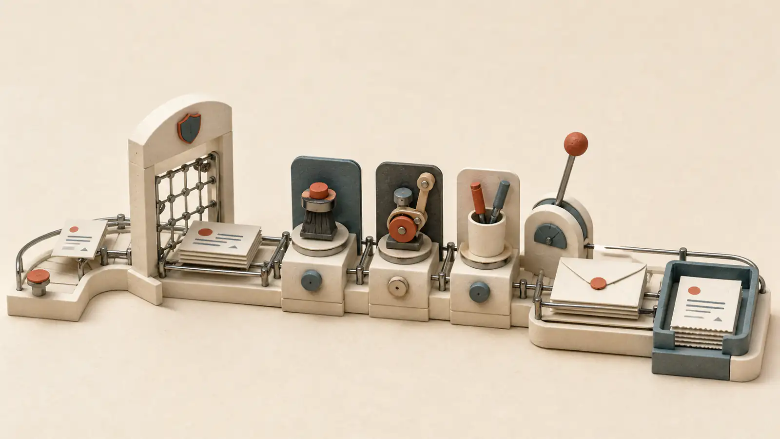 A request card passes through a boundary gate and scoped tool stations, waits at an approval lever, then becomes one sealed email with a receipt.