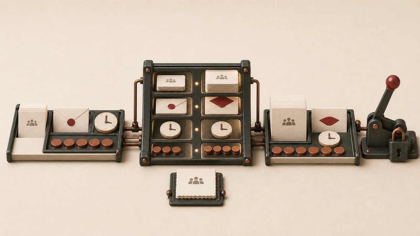 An approved campaign and its proposed replacement sit on either side of a comparison bridge that exposes changes to audience, message, timing, and cost before unlocking an approval lever.