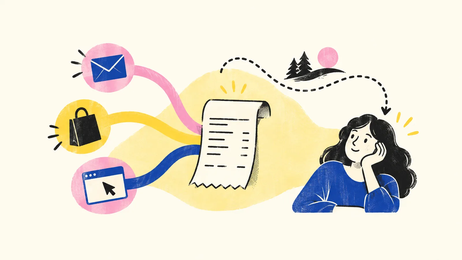 Different communication paths meet a purchase receipt while a separate comparison path remains visible.