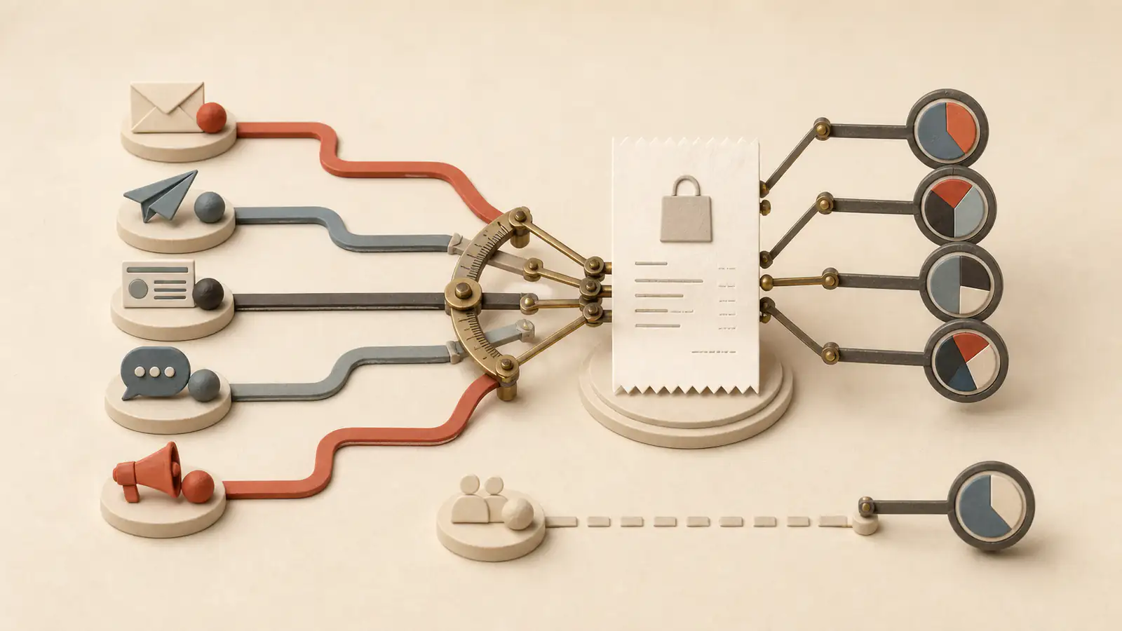 Several channel paths pass through a measuring instrument toward one purchase receipt while a separate holdout path remains available for comparison.