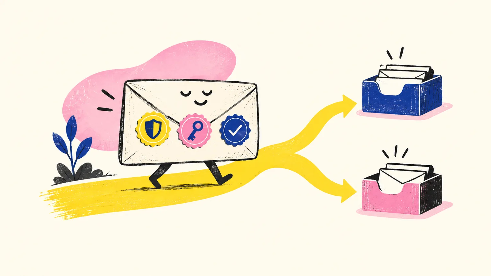 A sealed envelope passes three identity checks before a separate fork decides its destination.