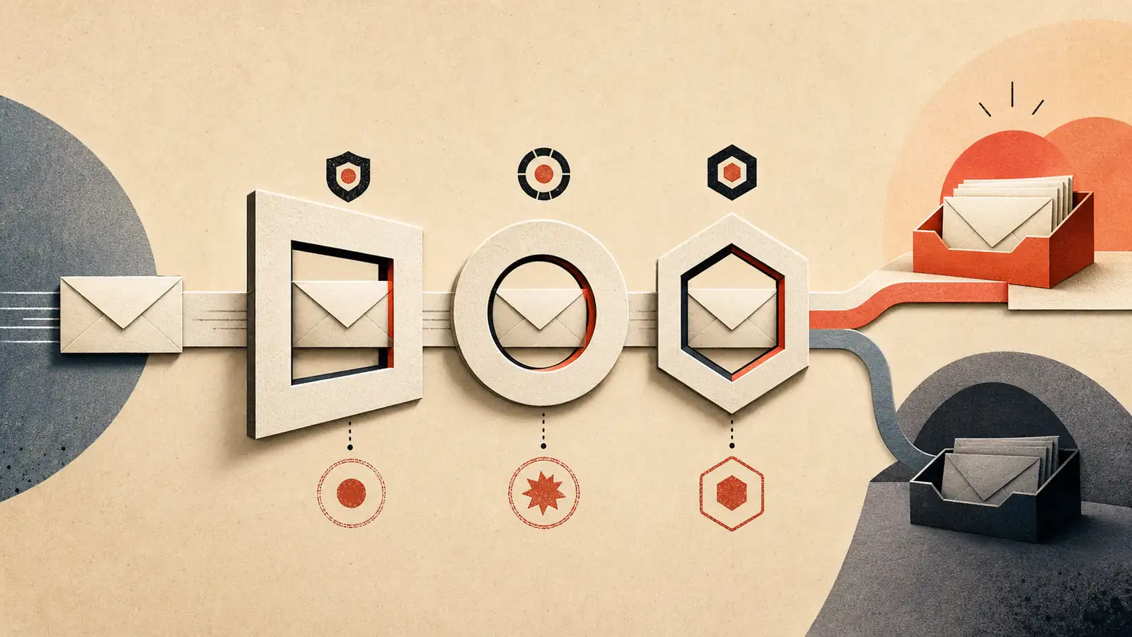 A paper envelope passes three geometric identity checks before a separate route divides toward a bright inbox tray and a shadowed side tray.