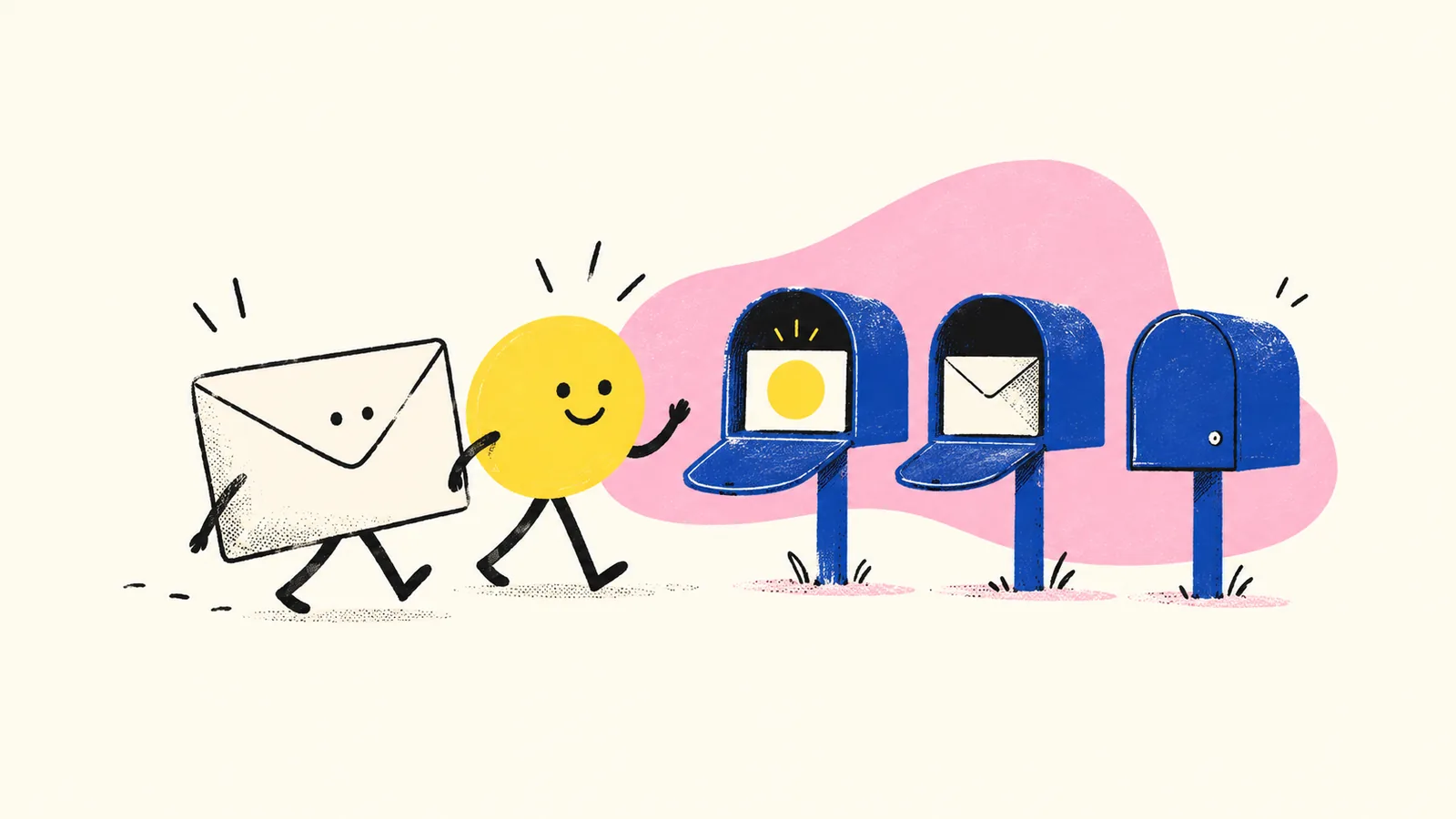 An identity badge approaches different mailbox frames, each making its own display choice.