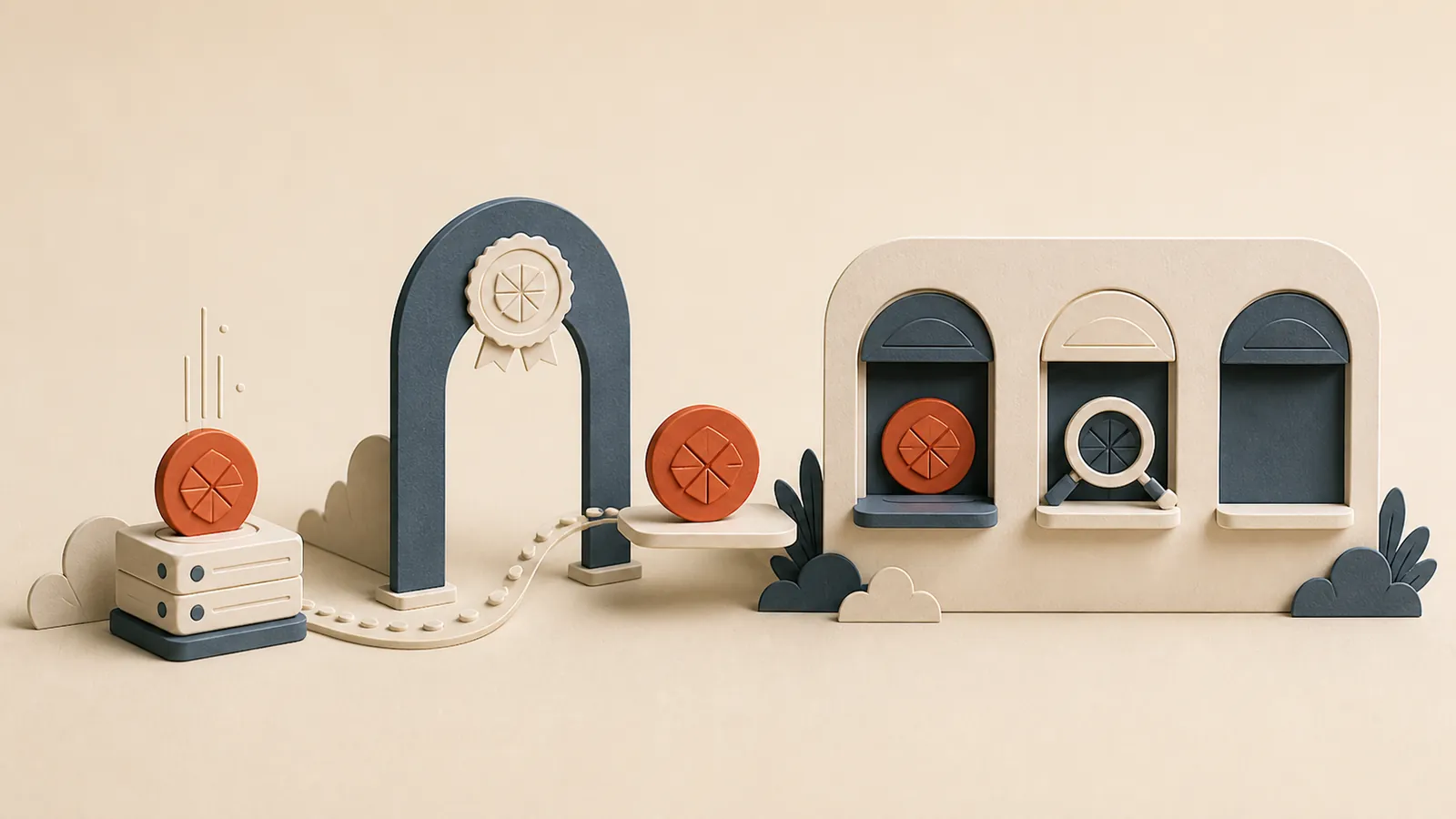 An authenticated brand medallion travels from a DNS record toward several mailbox displays, where each provider makes its own logo-display decision.