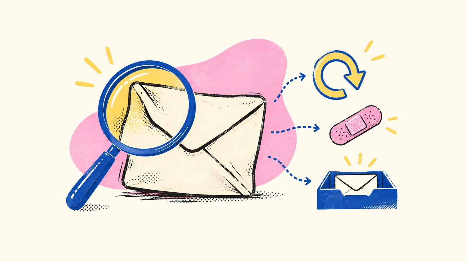 A magnifying glass examines a bounced envelope and reveals retry, repair, and resting paths.