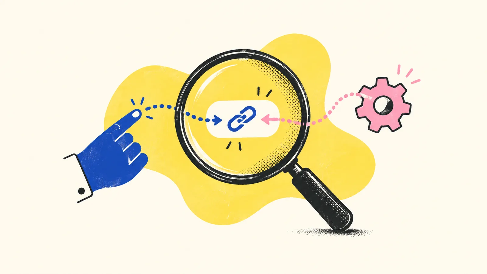 A magnifying glass separates a human click path from an automated security-scanner path.