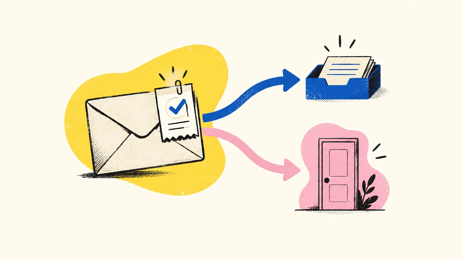 A hand-drawn envelope carries an acceptance receipt while separate paths lead toward two possible destinations.