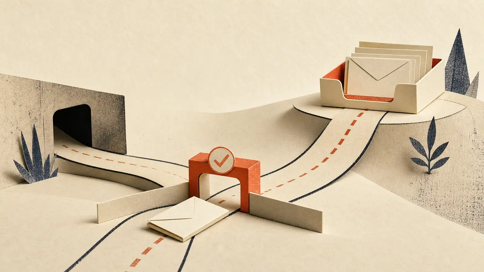 A paper envelope passes an acceptance checkpoint and continues along separate paths toward an inbox tray and a shadowed destination.