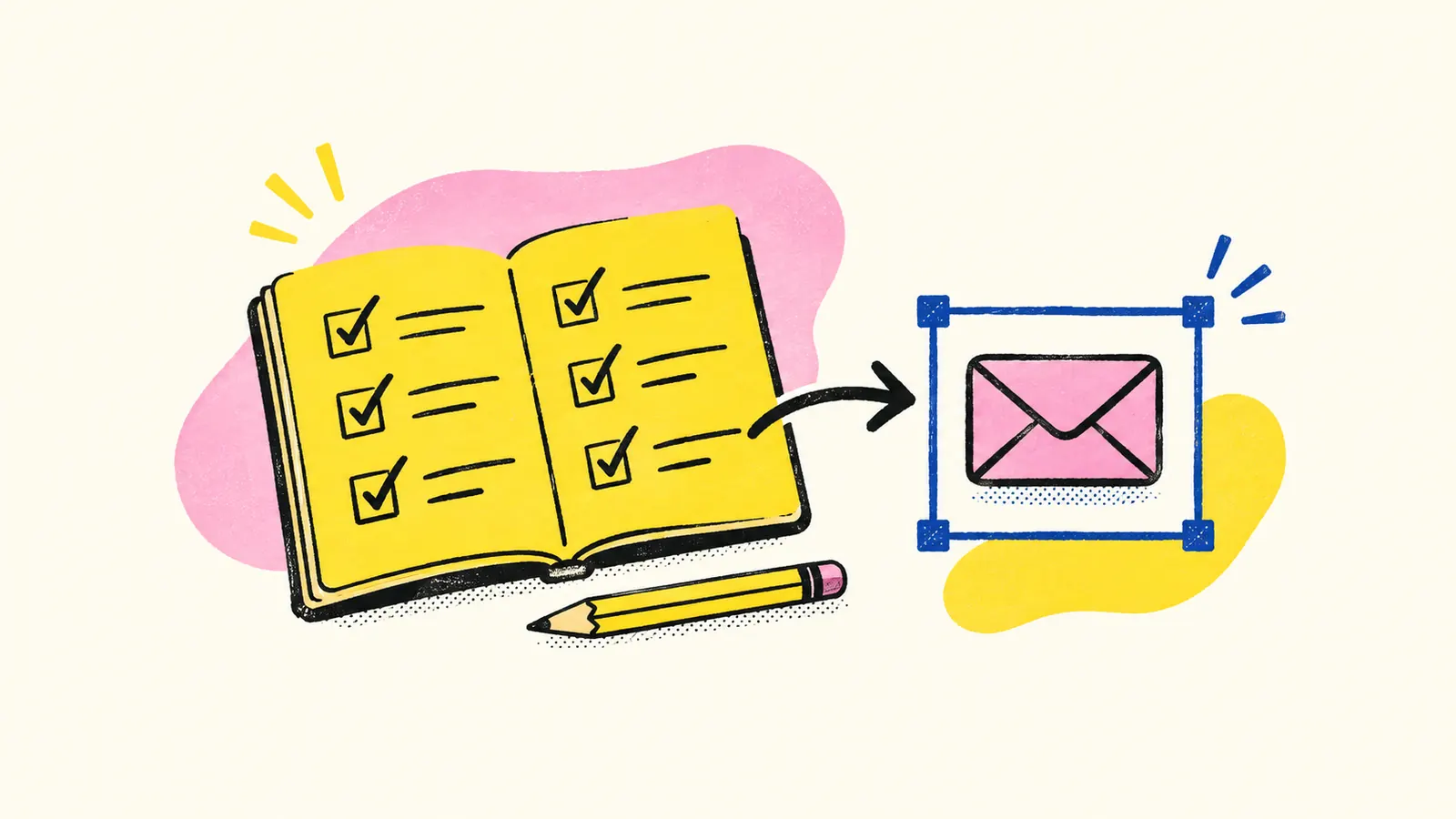 A yellow checklist notebook leads to a pink email draft held inside a blue review frame.