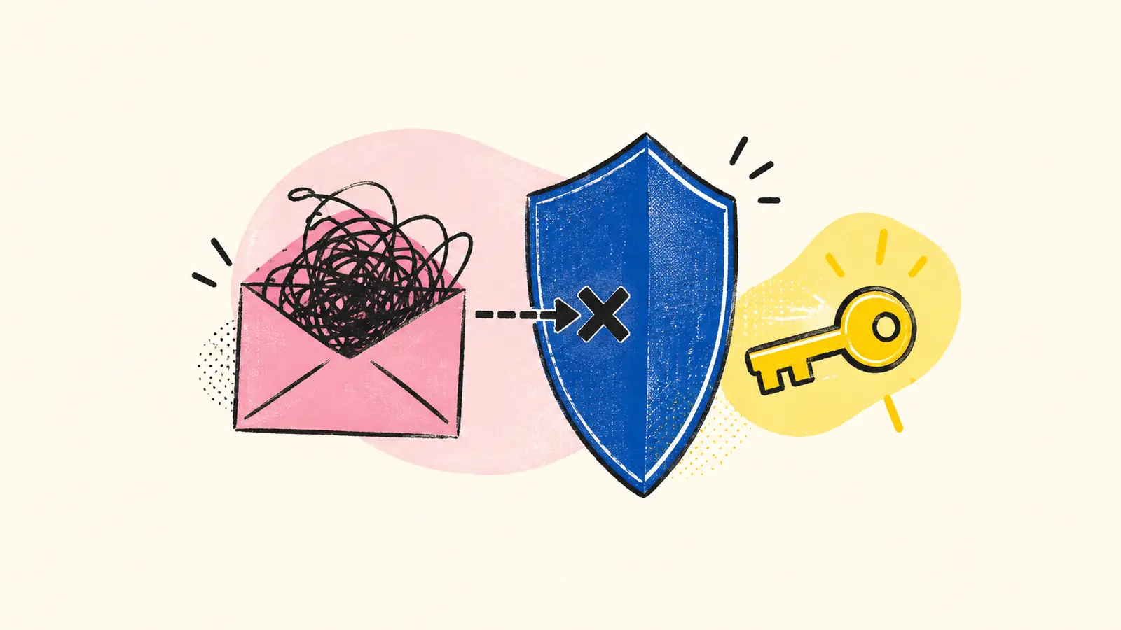 A blue shield blocks tangled instructions from a pink envelope before they can reach a yellow key.