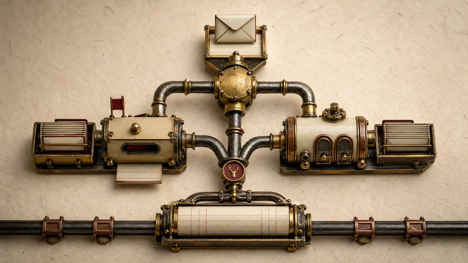 One email request enters a balanced junction where an API route and an SMTP relay route rejoin the same mail transport rail.