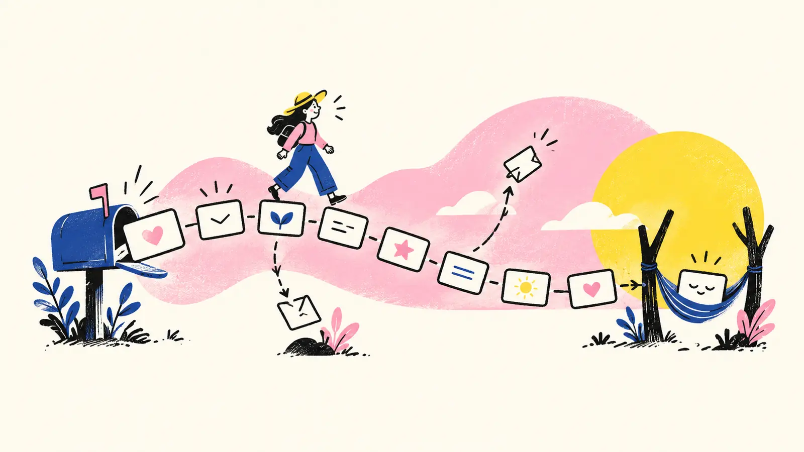 Email cards form a lifecycle path with distinct milestones and calm exit routes.