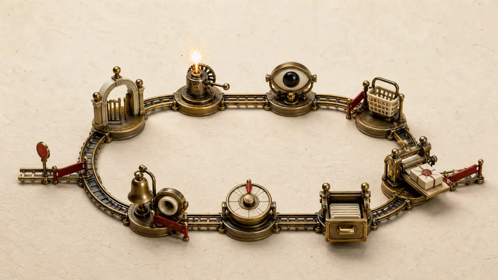 A brass lifecycle railway passes nine distinct email automation stations with exit tracks and red suppression gates.