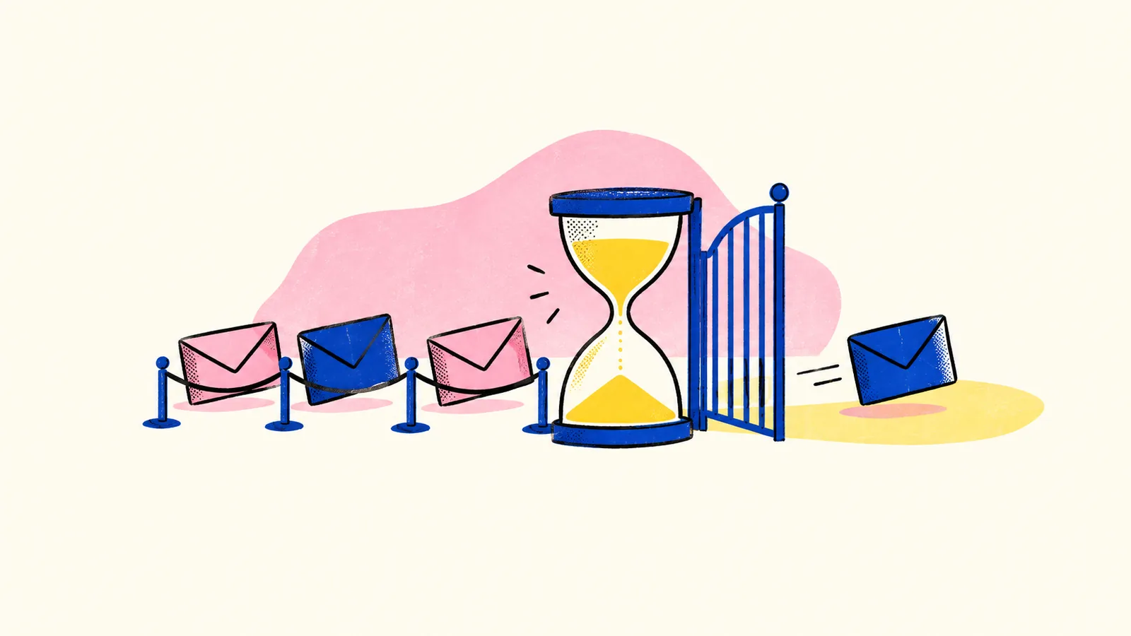 Envelopes wait behind an hourglass and a blue gate while one message moves ahead.