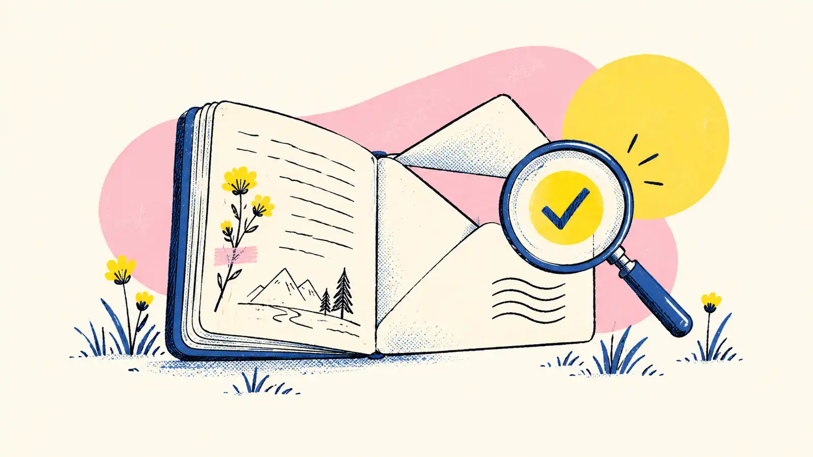 A hand-drawn field notebook, envelope, and magnifying glass connect an email idea to visible delivery evidence.