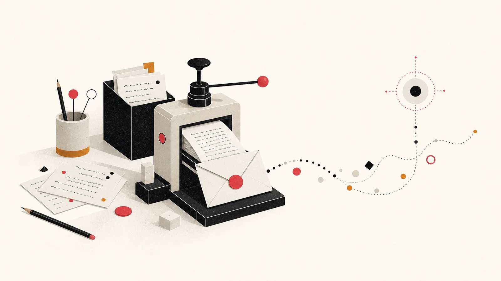 An editorial paper press turns field notes into an envelope whose signal path ends at an observed placement marker.