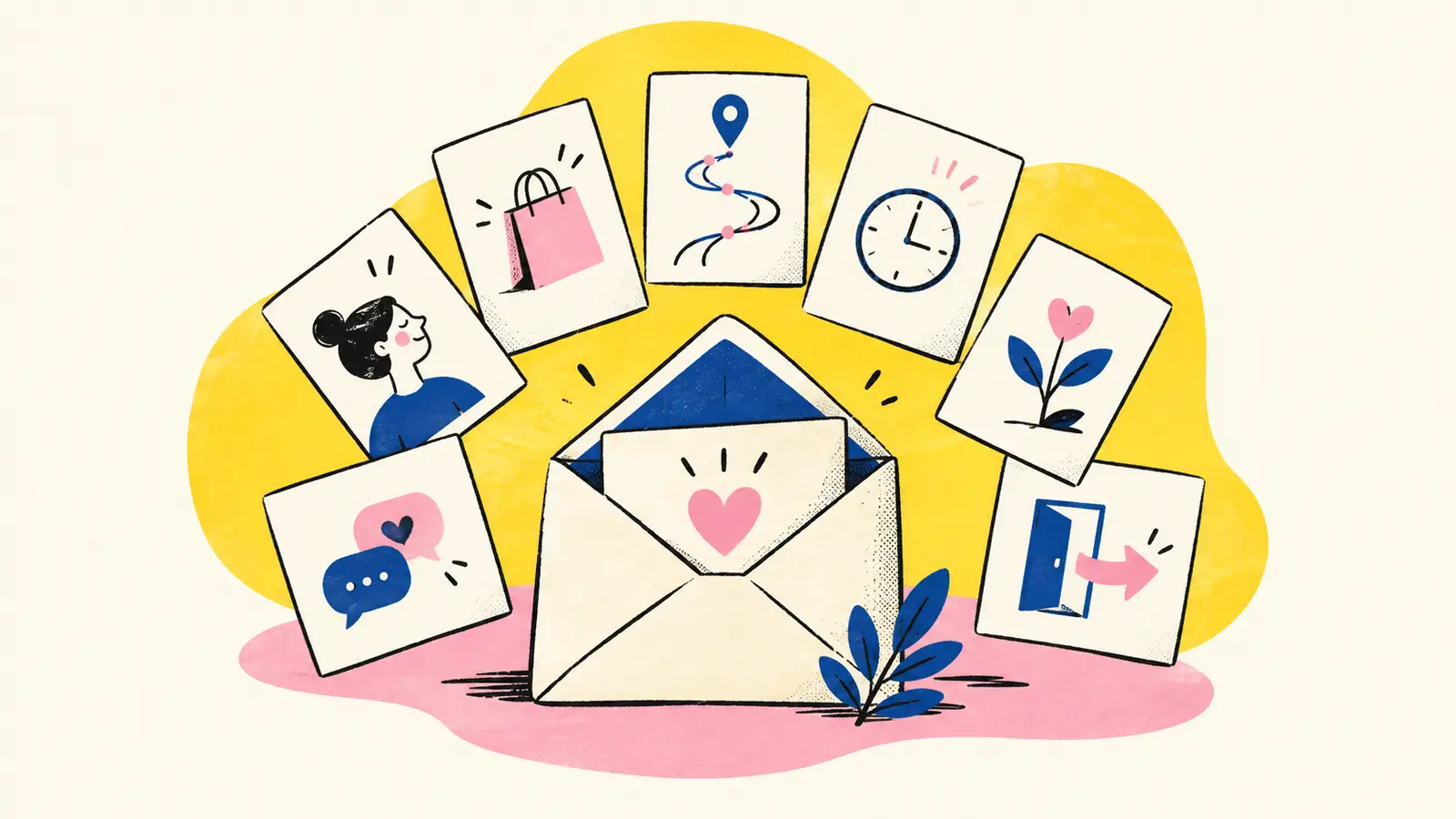 Lifecycle-workflow cards connect around an envelope with visible timing and exit paths.