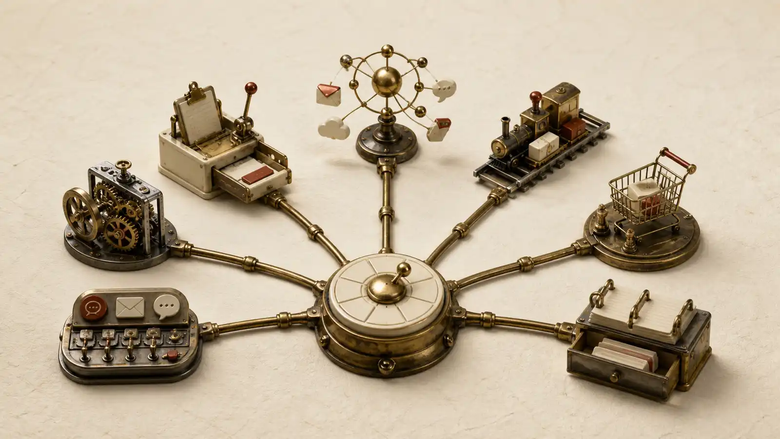 Seven distinct brass customer-communication mechanisms connect to one central lifecycle selector on warm ivory paper.