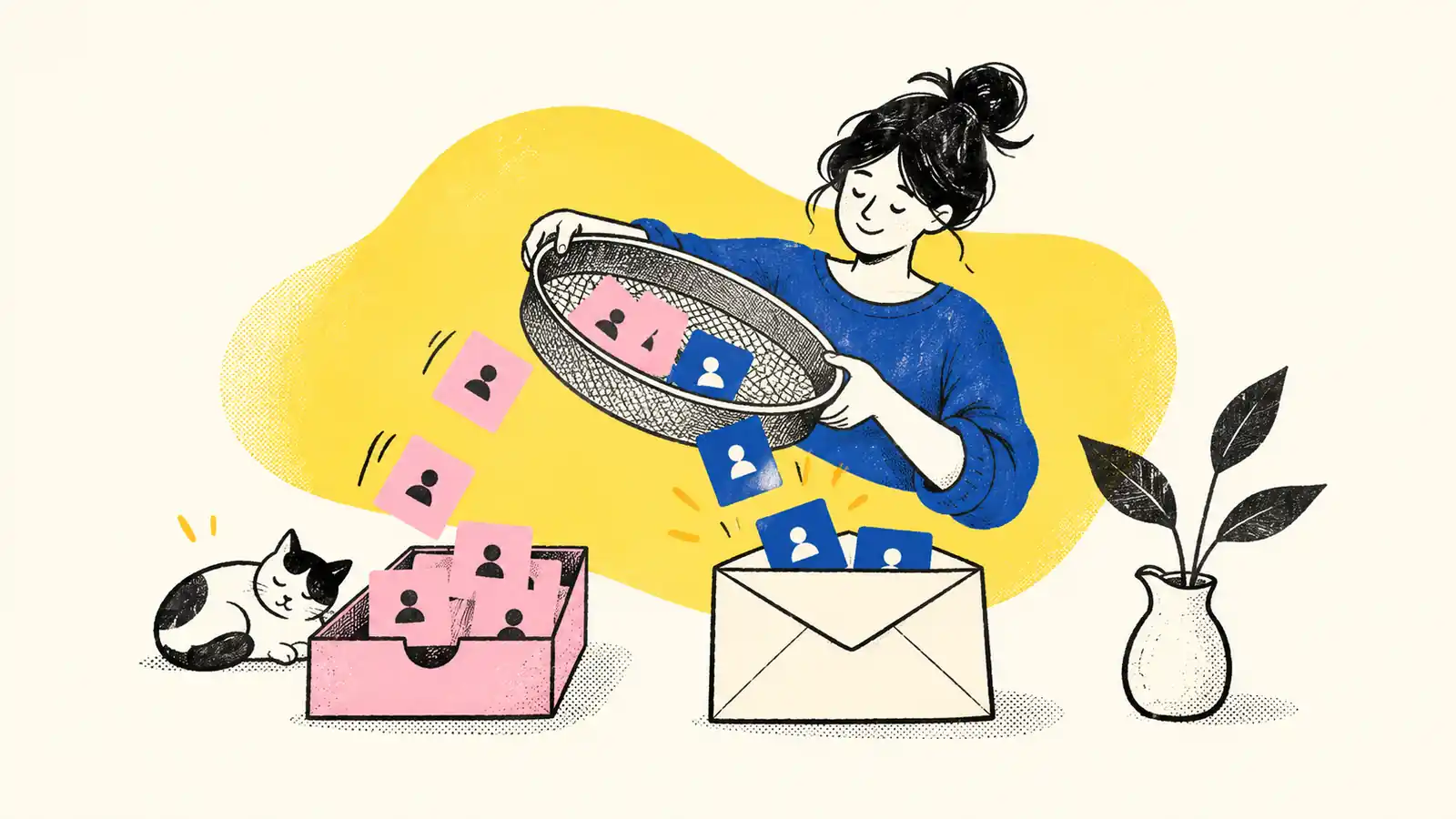 A paper sorter separates resting contact cards from a smaller eligible group ready for an email.