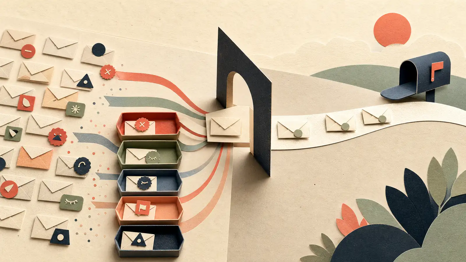Paper envelopes are calmly sorted into safe resting trays before a smaller eligible group continues through a gate toward a mailbox.