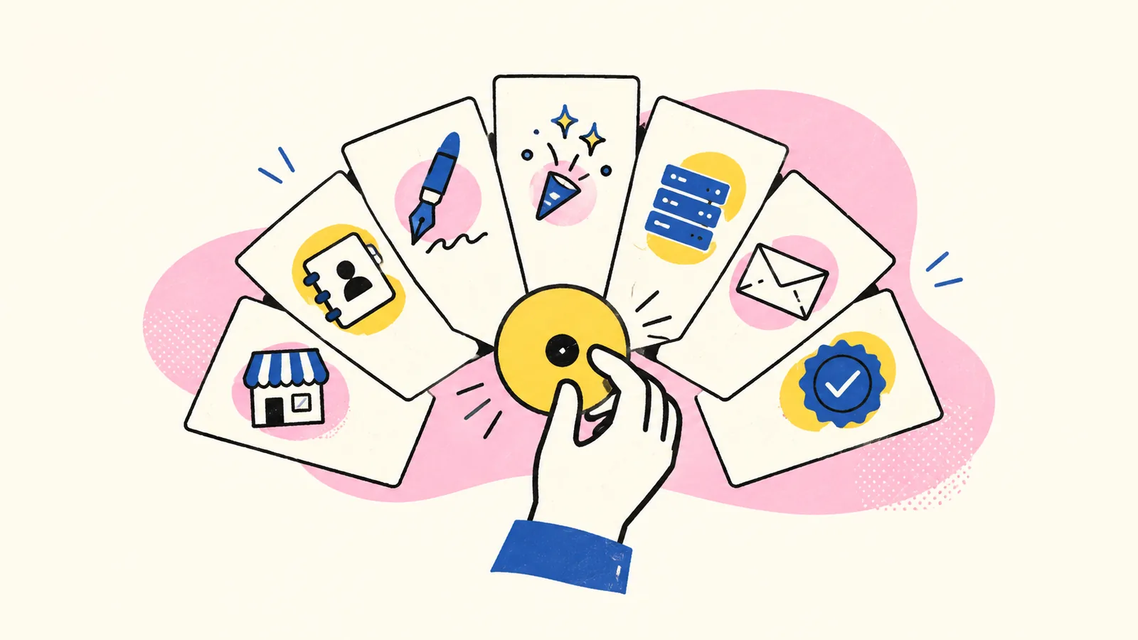 Differently patterned workstation cards surround a shared marketing-workflow selector.