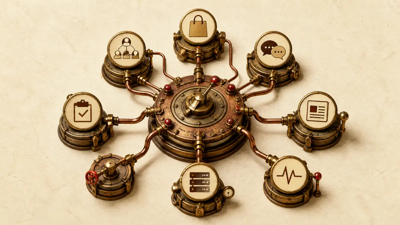 A brass selector connects seven distinct marketing workstations for commerce, CRM, creators, product events, self-hosting, and connected customer communication.