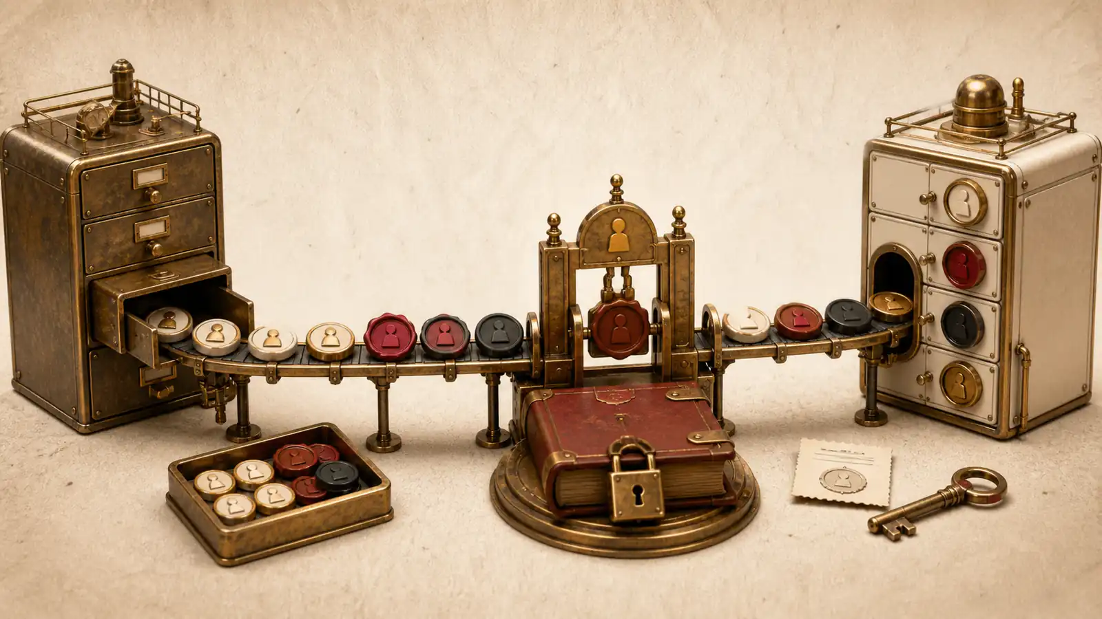 A brass migration workshop moves eligible, opted-out, cleaned, and archived contact tokens through a locked safety ledger into a connected audience cabinet.