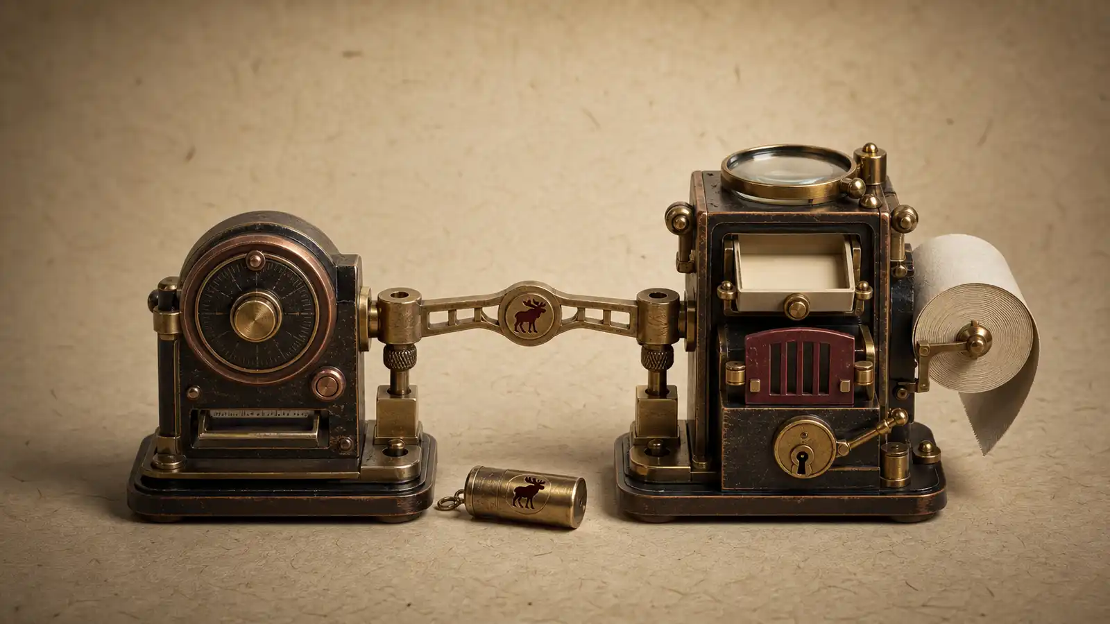 A scoped brass bridge connects a planning device to separate read, draft, approval, send, and receipt mechanisms.