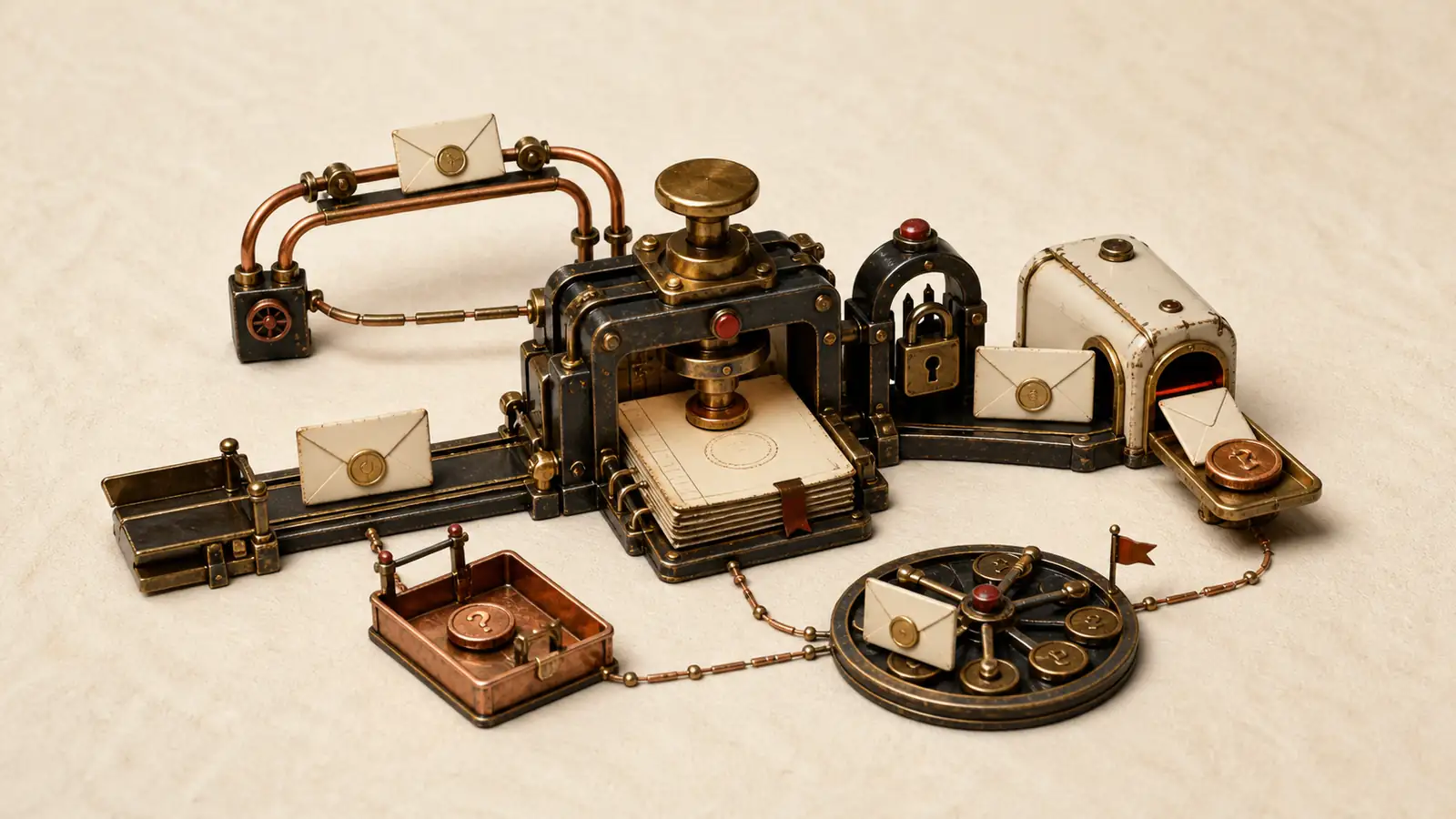 A miniature email dispatch machine stamps one durable request while a repeated attempt loops back to the same record instead of creating a second envelope.