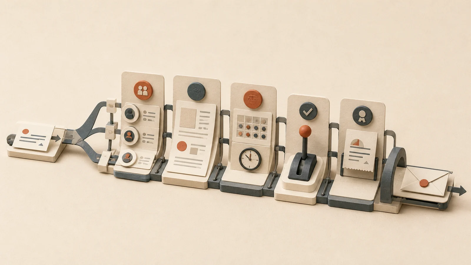 A small instruction card unfolds into audience, message, timing, approval, and evidence stations before one sealed email can leave.