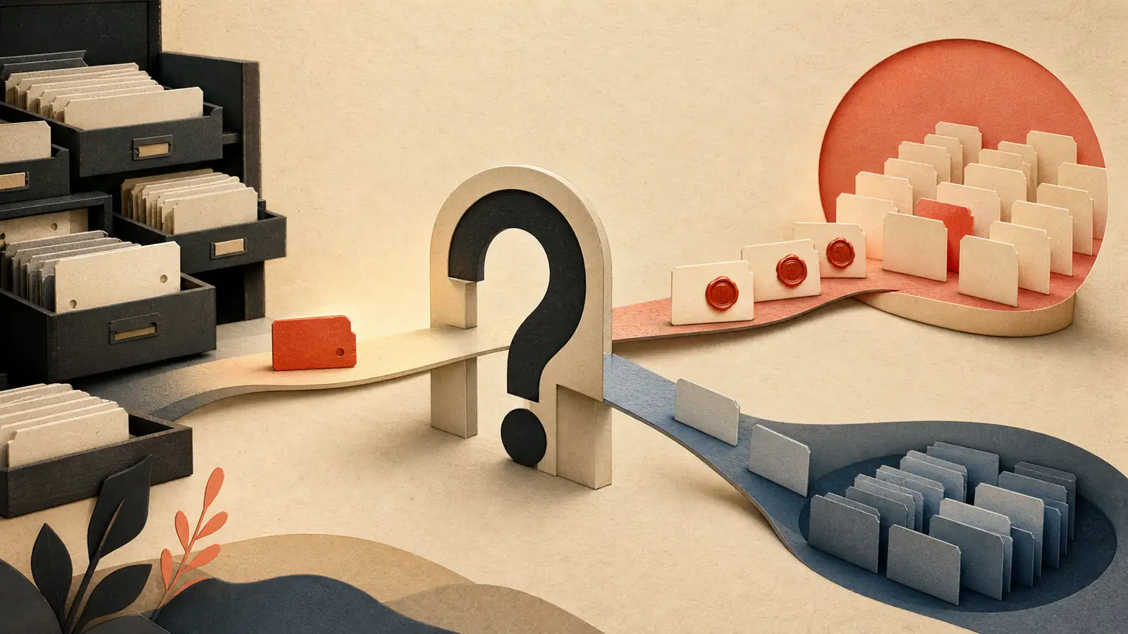 A single signal card passes through a question-shaped gate, where renewed responses continue toward a warm audience and silence settles into a calm archive.