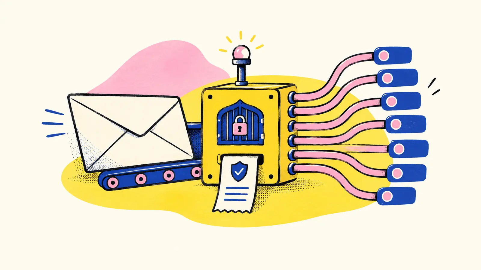 An envelope reaches an infrastructure selector with route tabs, a permission gate, and a receipt.