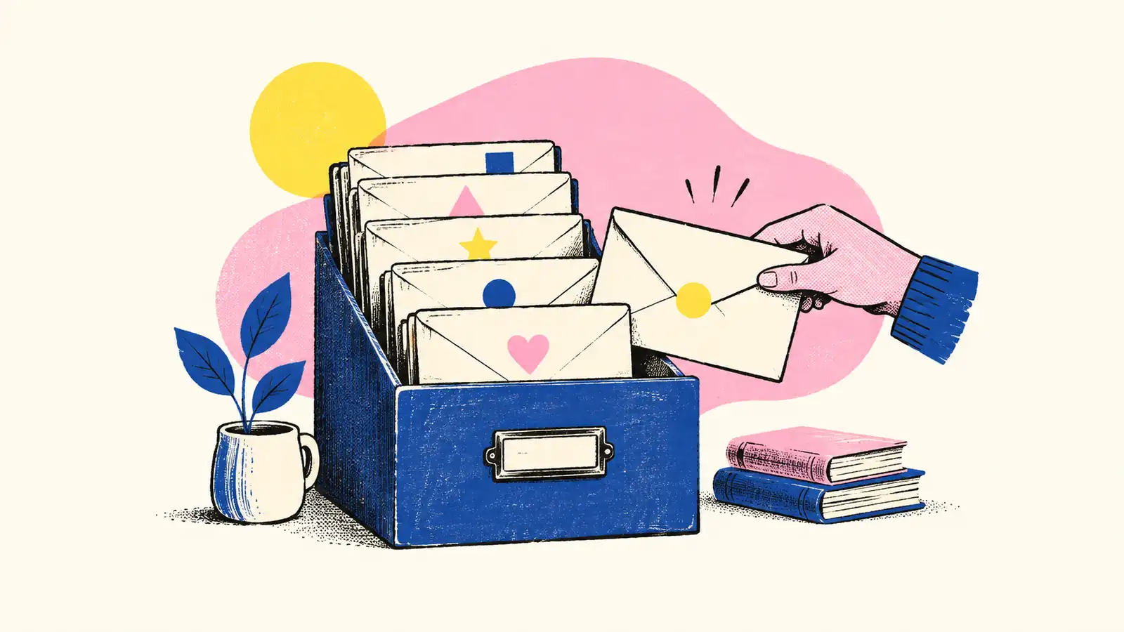 An archive of marked envelope cards sits beside a new email, illustrating reputation built from past sends.