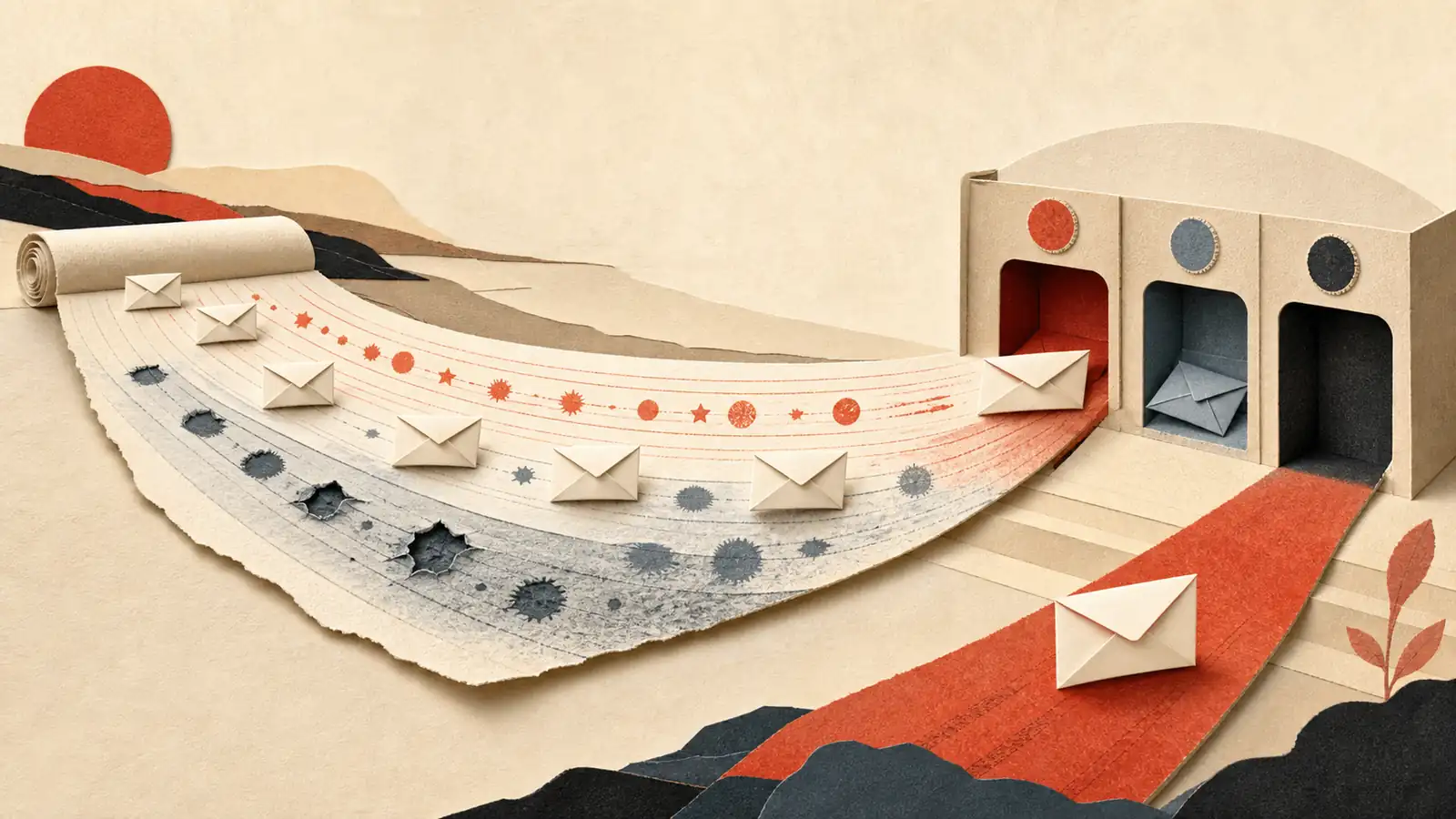 A paper trail of past envelope sends accumulates welcomed marks and dark dents before shaping how the next envelope is sorted.