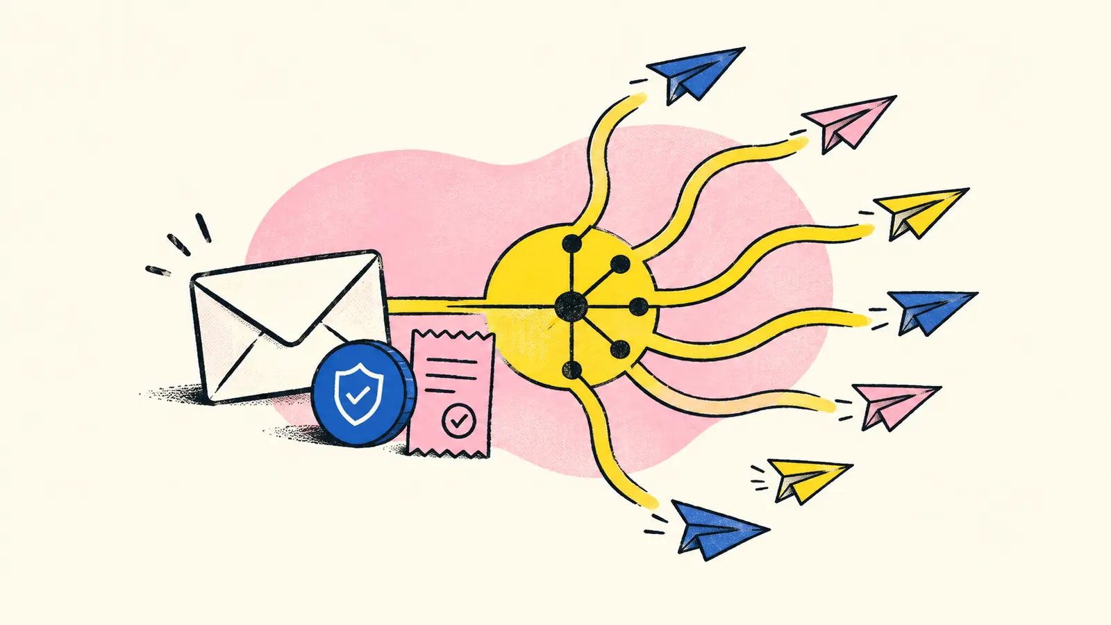 An envelope meets different delivery choices behind a shared duplicate-protection token and receipt.