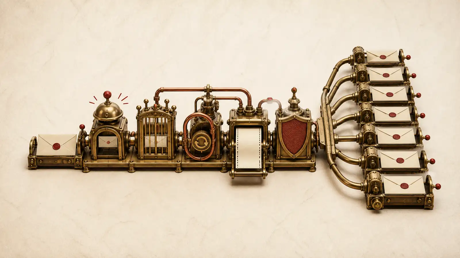 A brass email dispatch machine passes one message through acknowledgment, duplicate protection, retries, receipts, and suppression controls before seven delivery paths.