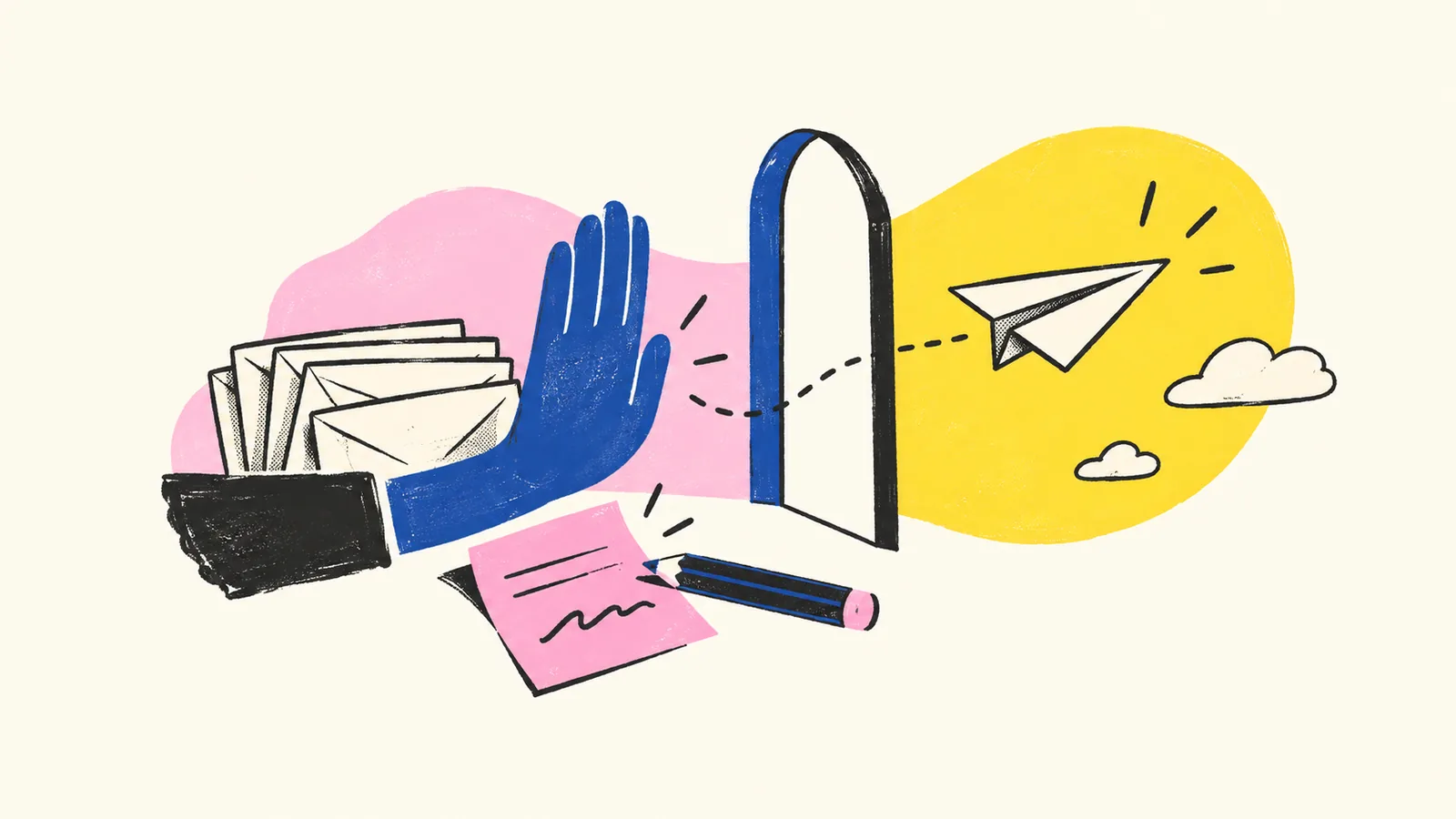 A sent paper plane remains beyond a one-way gate while a remaining stack is stopped and a correction note is prepared.