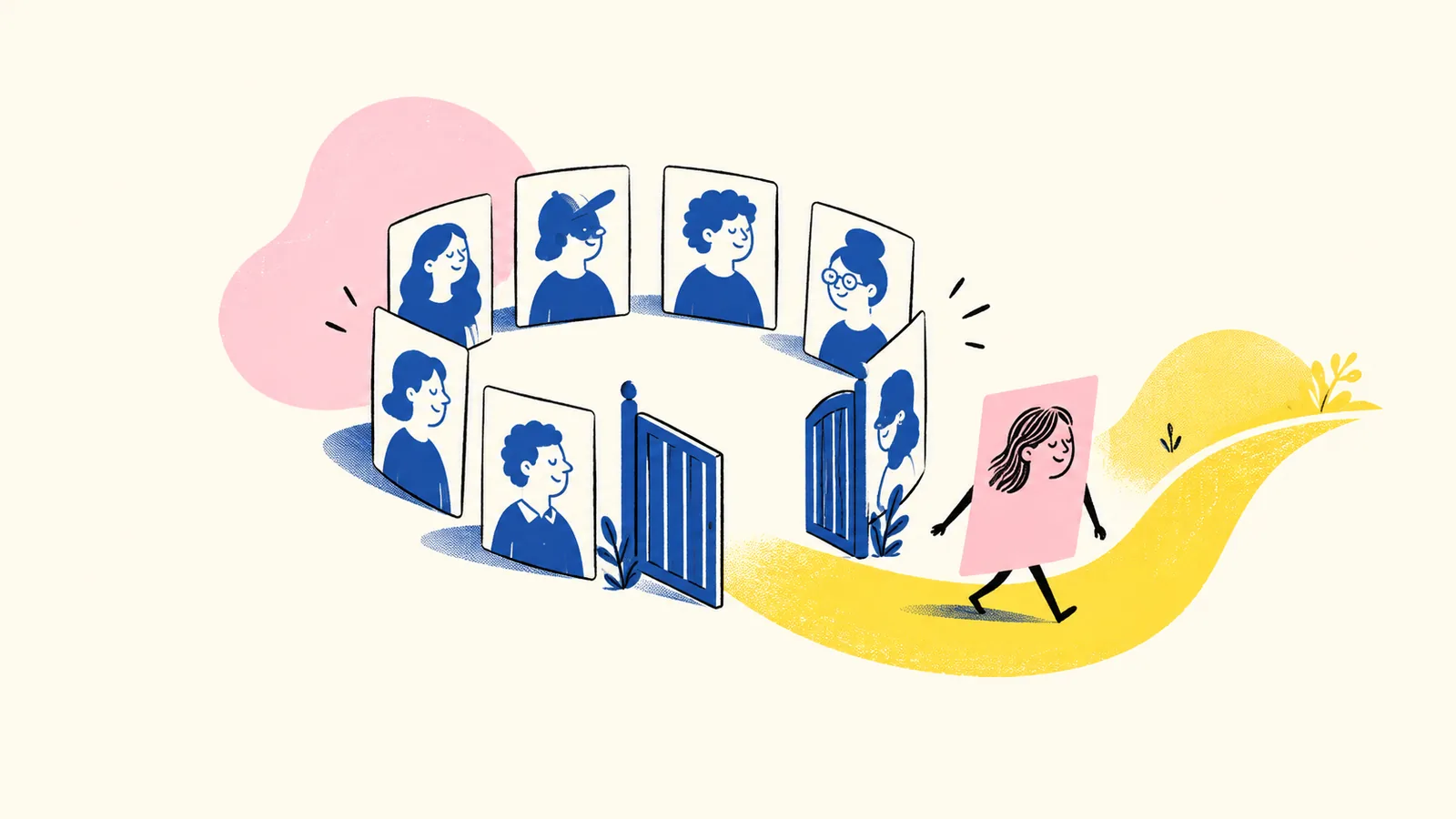 A pink contact card leaves an open audience ring, allowing the remaining cards to settle into a cleaner pattern.