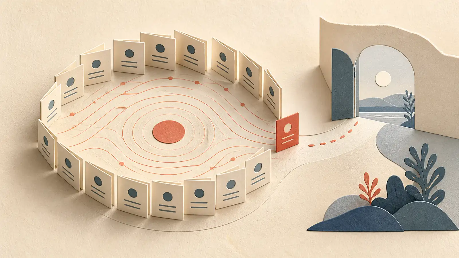 One ember-red address card leaves a circular paper audience through an open gate while the remaining signal settles into a cleaner pattern.