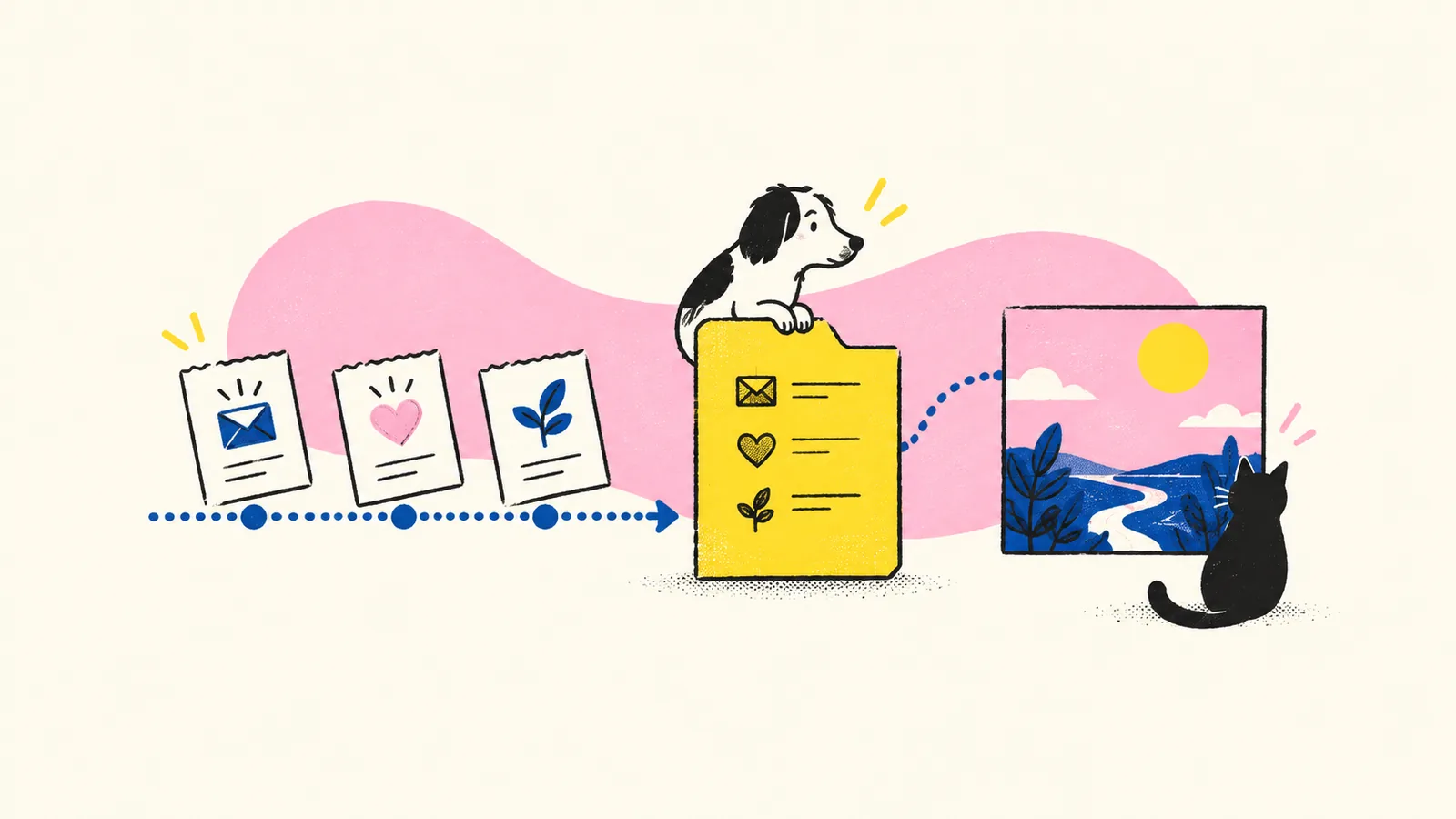 Event receipt cards feed a preserved record while a separate window represents the current state.